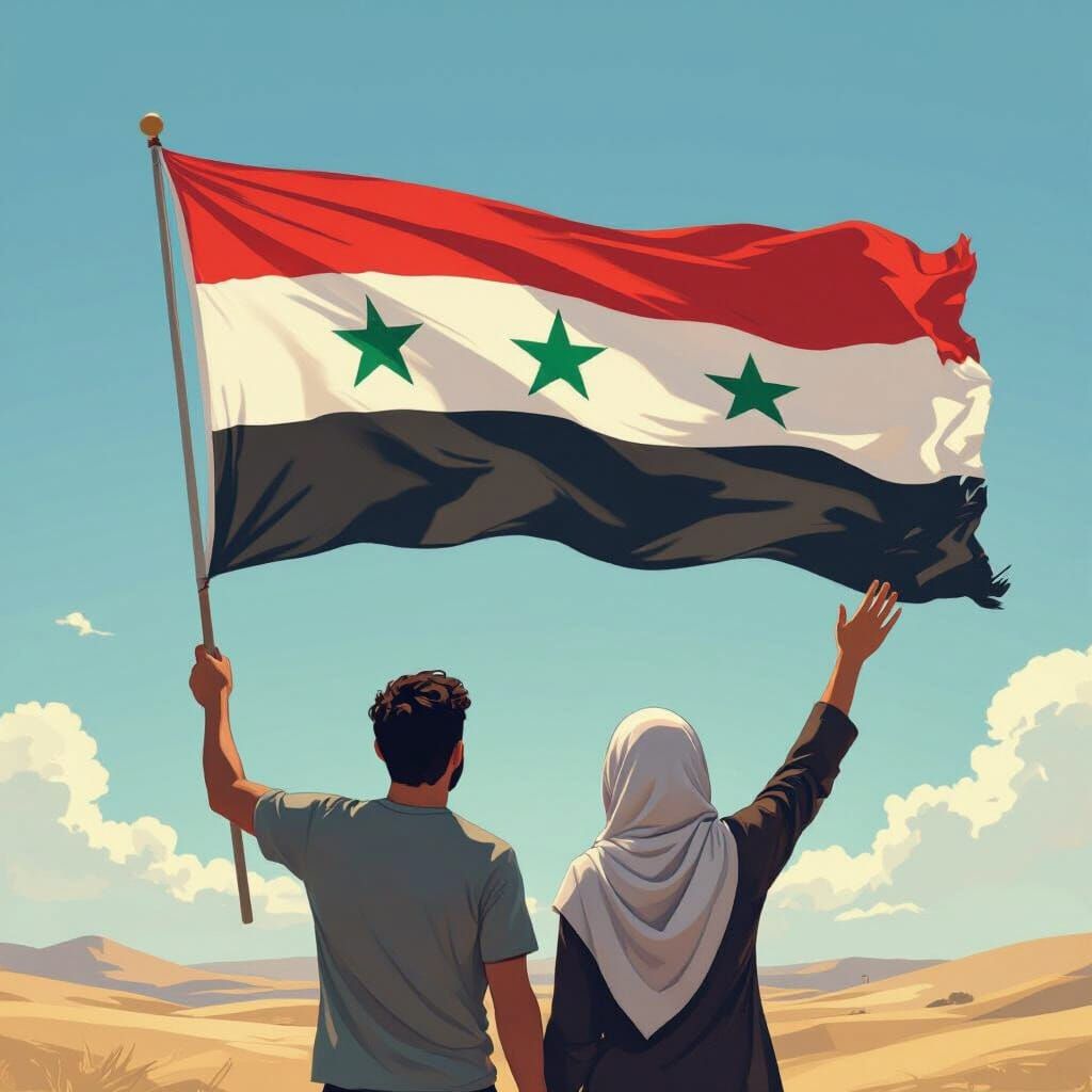 Syrian Couple Waves Flag in Vibrant Digital Painting