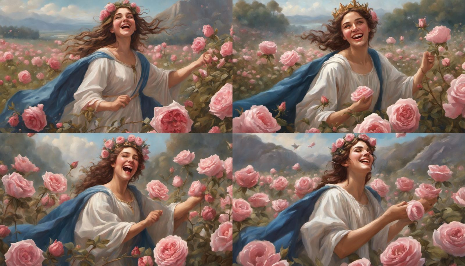 Joyful Greek Woman Picking Roses in Meadow