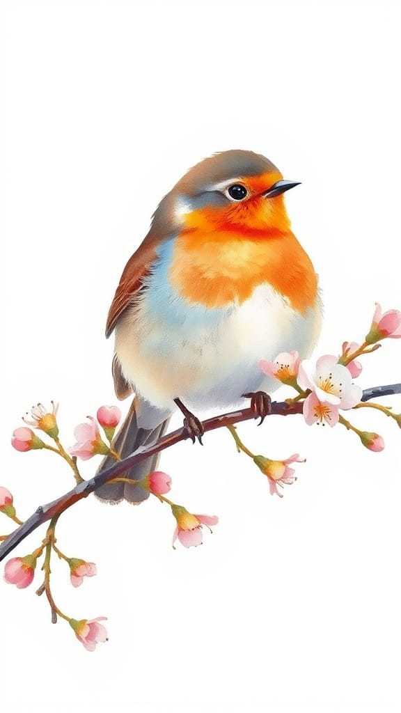 Whimsical Watercolour Robin Perched on Blooming Branch in So...