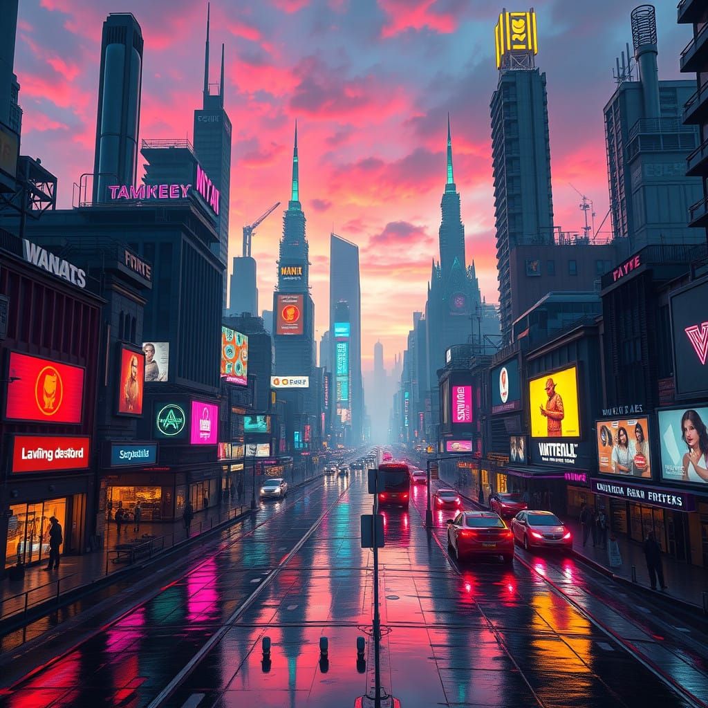 Cyberpunk Cityscape at Dusk