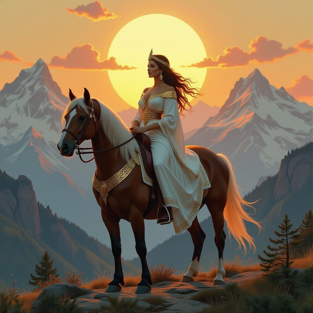 Four-Breasted Goddess on Horse in Mystical Landscape
