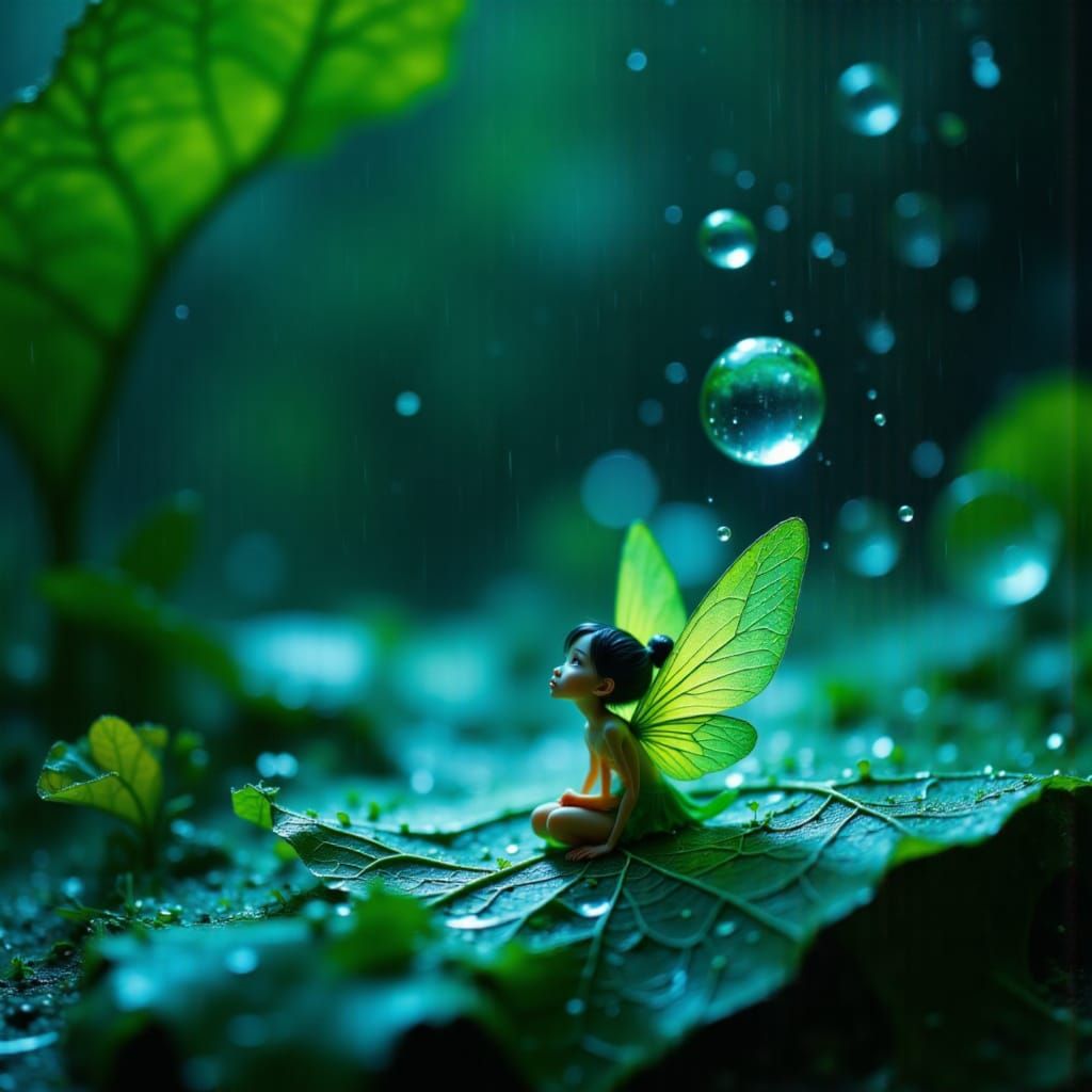 Macro Photo of Tiny Fairy on Leaf in Giant Raindrops