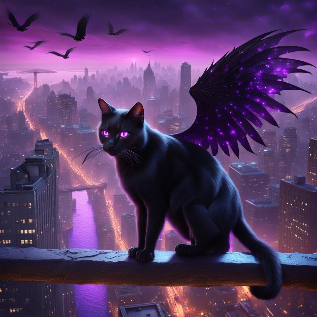 Winged Black Cat Over Brooklyn in Detailed Matte Painting