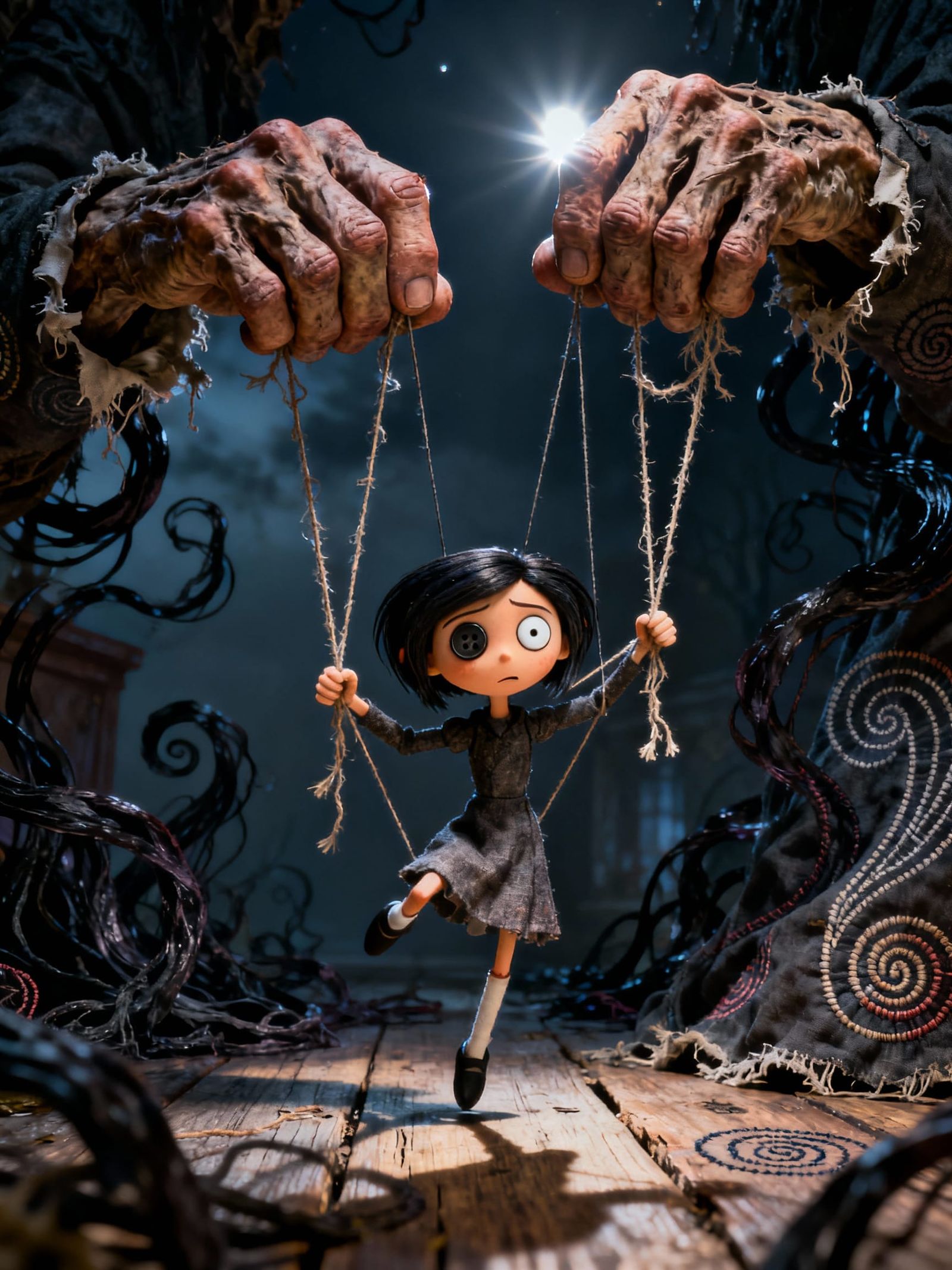Macabre Puppet Coraline Controlled by Giant Hands