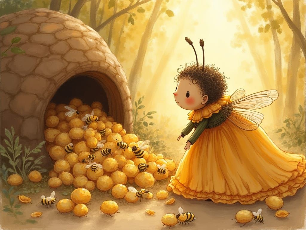 Queen Bee Tucking Bees Into Bed in Whimsical Style