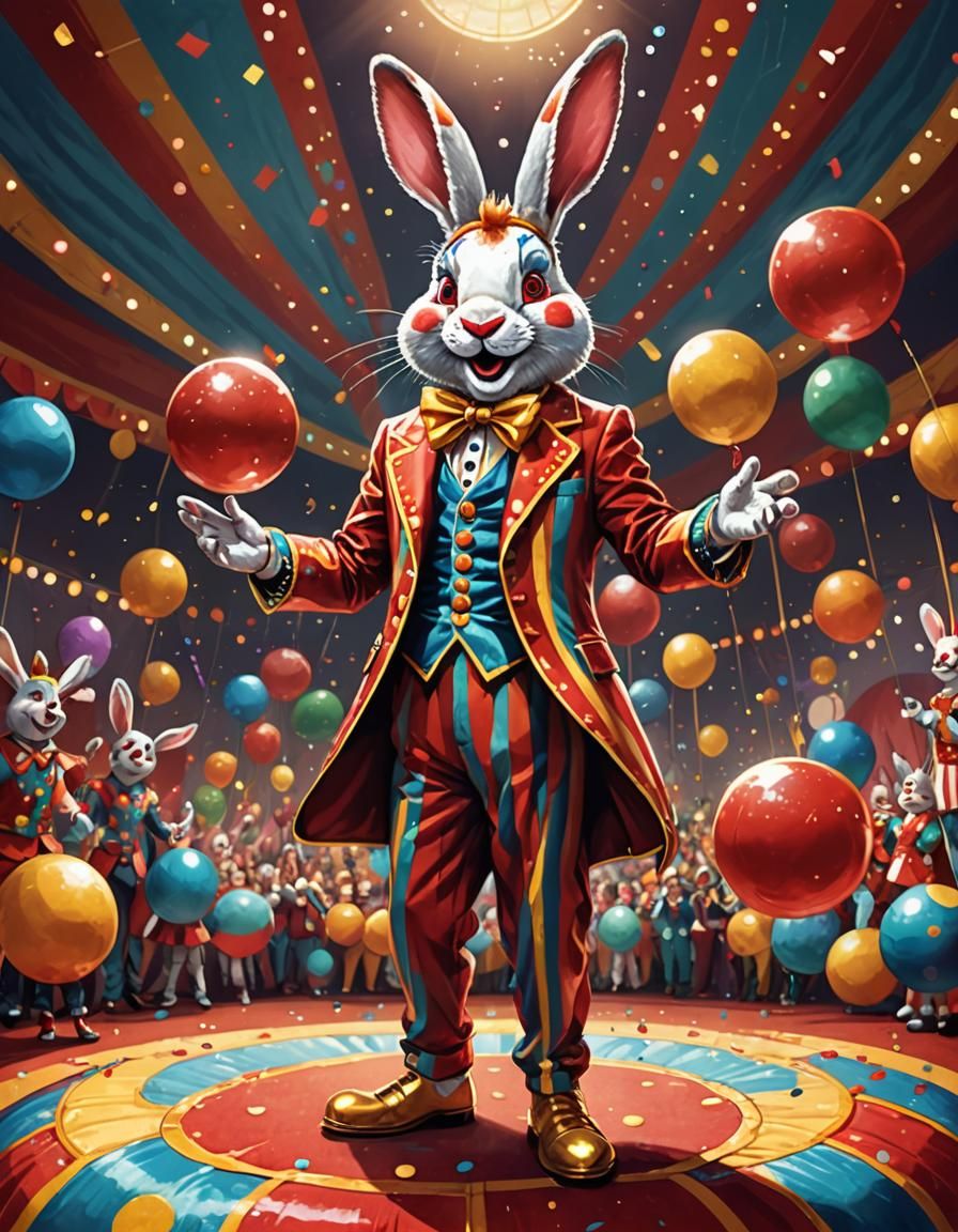 Colorful Rabbit Clown Balances in Circus Ring