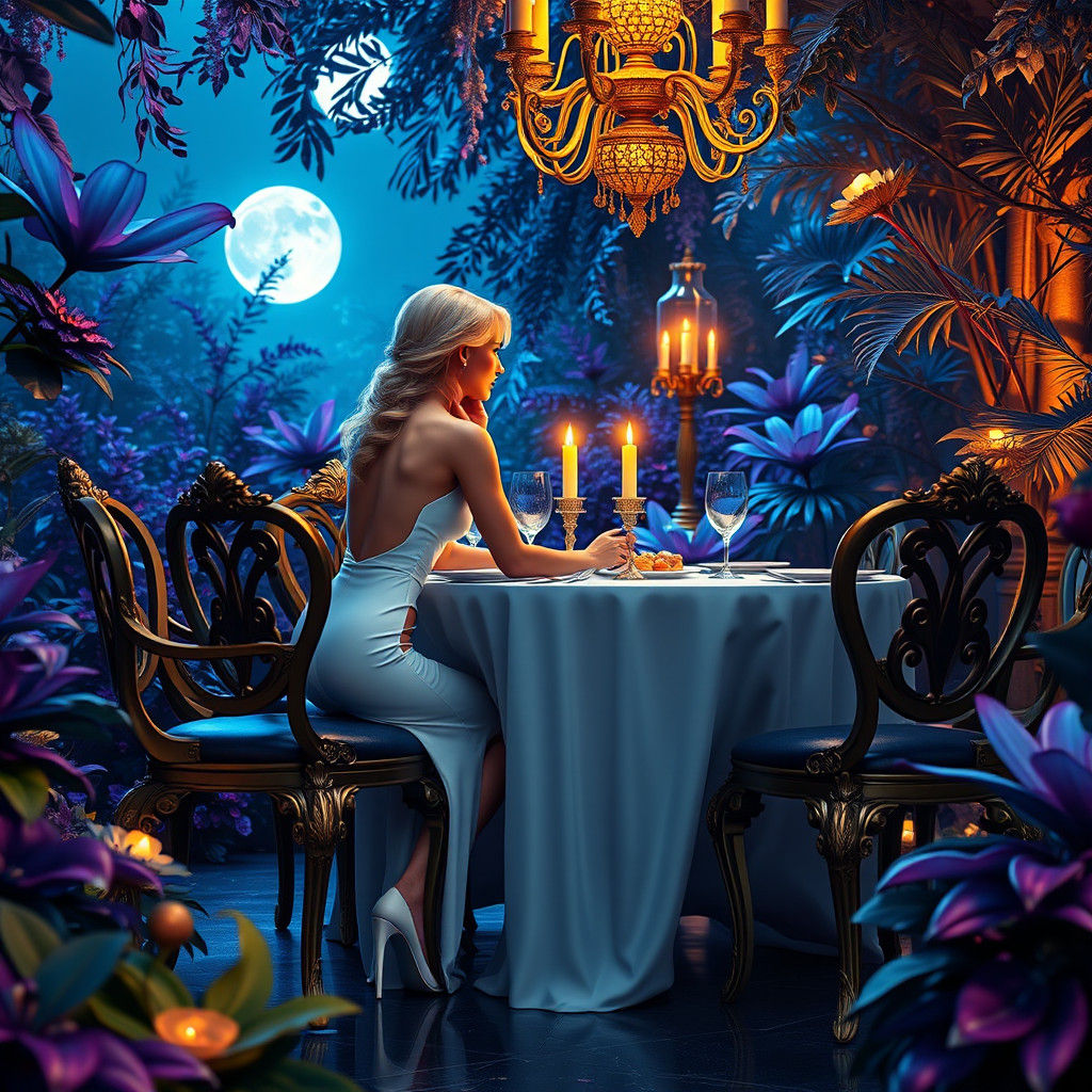 Woman in White Dress in Moonlit Garden