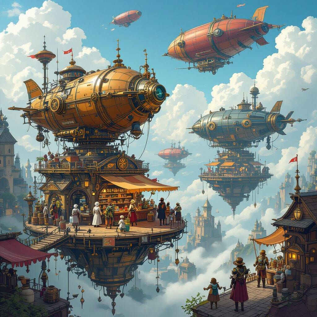 Steampunk Floating Market With Airships And Automatons