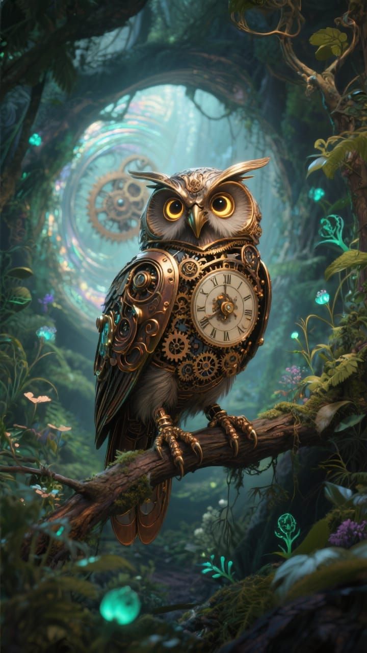 Steampunk Clockwork Owl in Bioluminescent Grove