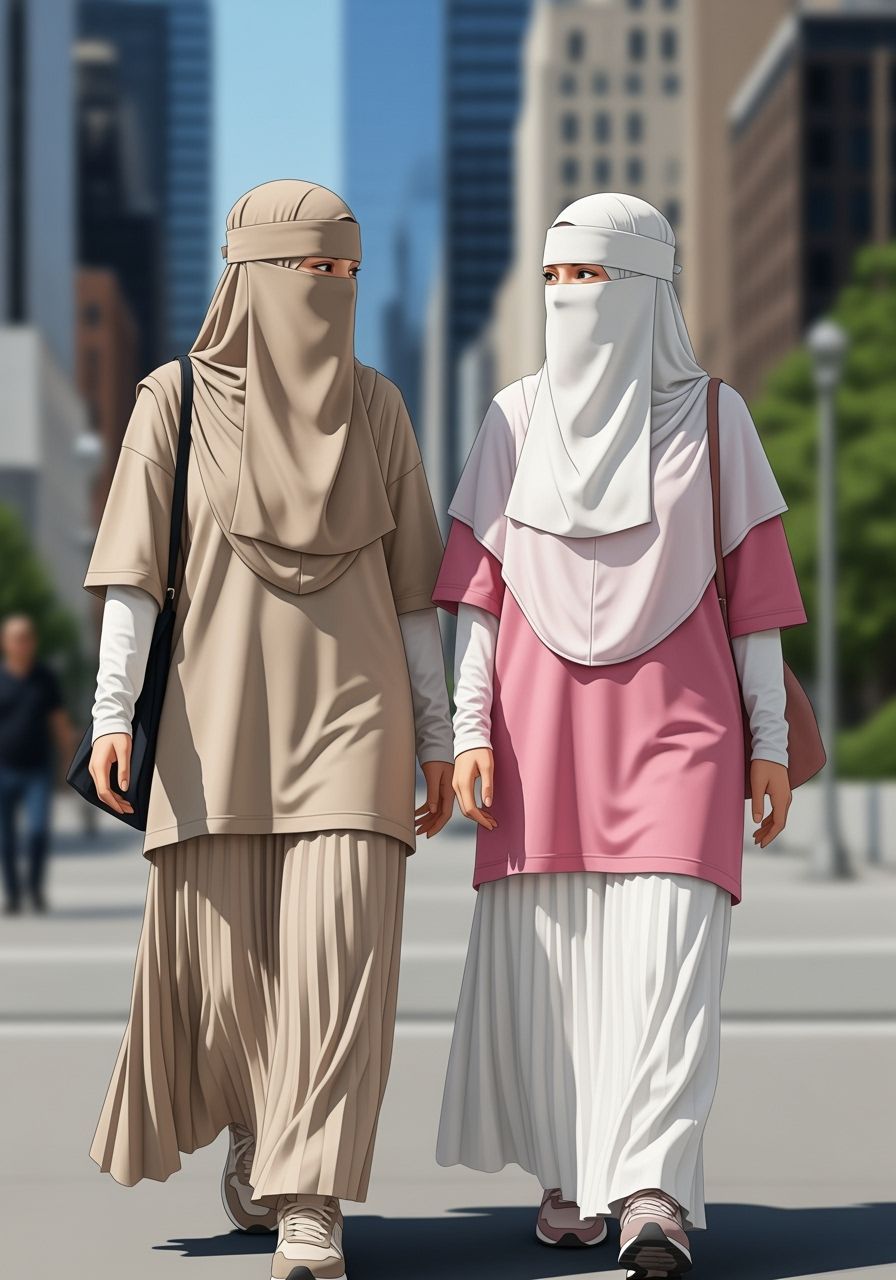 Niqabi Women Chatting in City, Digital Art