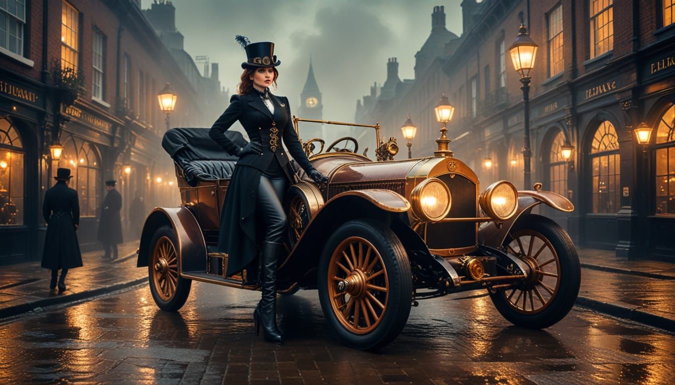 Steampunk Woman Posing Before Vintage Car in London