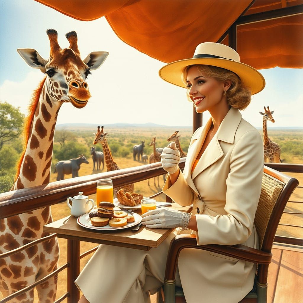 Elegant Woman Surrounded by Savannah Wildlife in Golden Ligh...