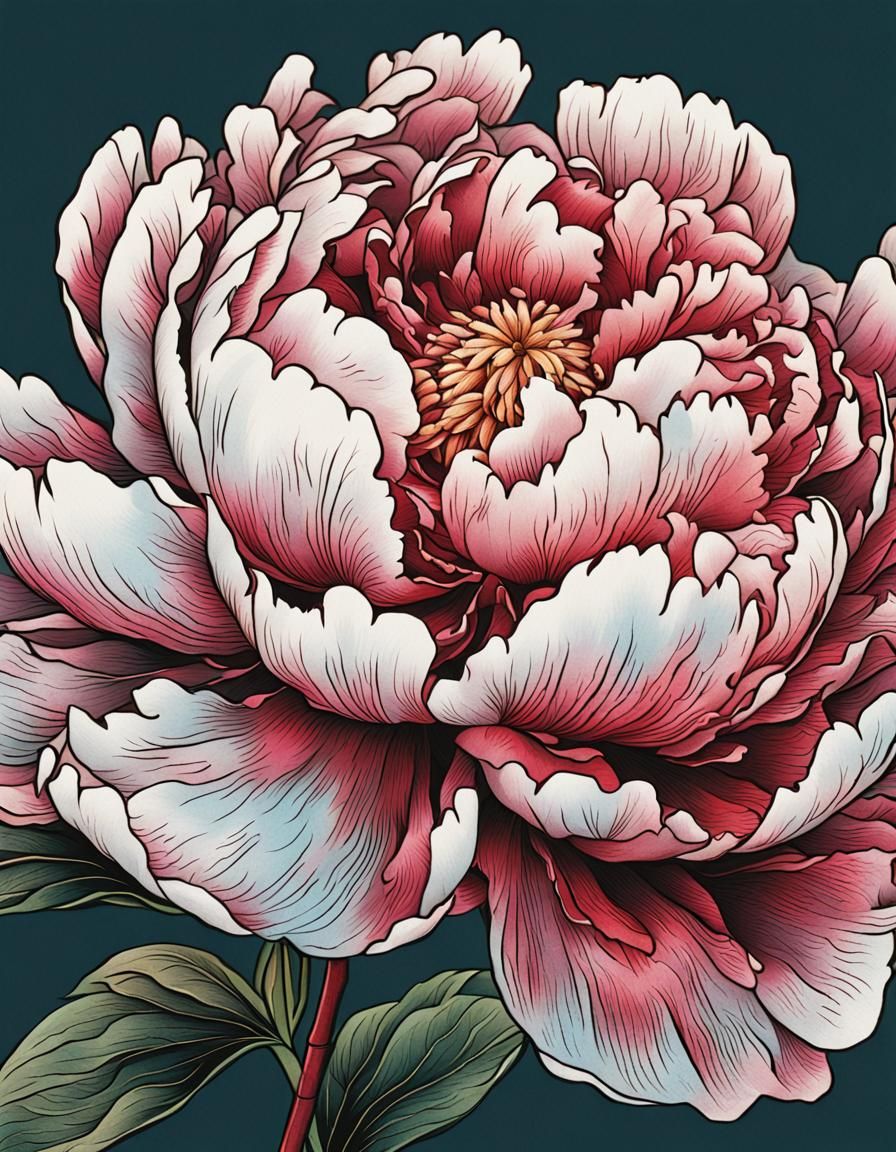 Detailed Peony Flower in Japanese Woodblock Style