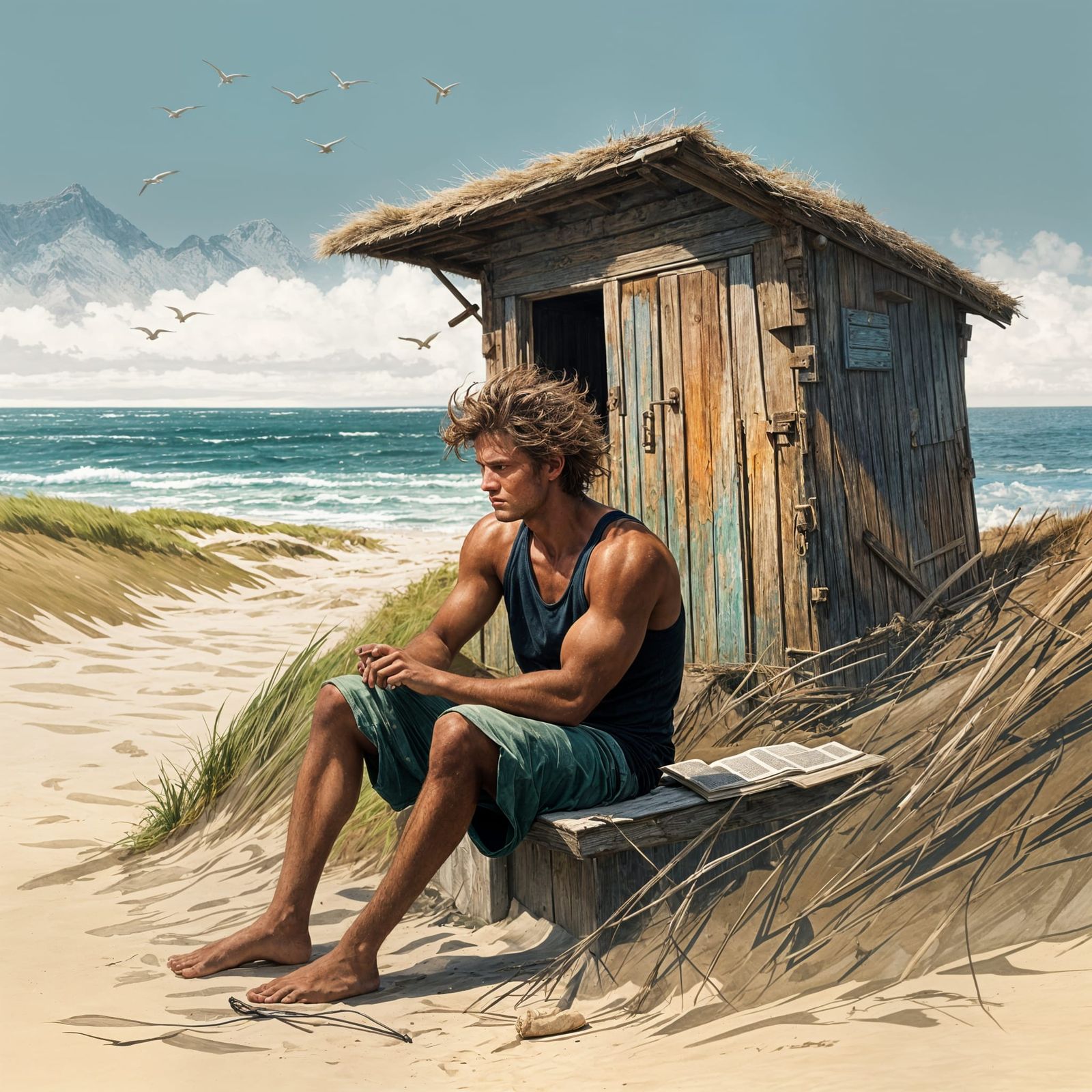 Solitary Man Overlooking Sea as Rough Painting