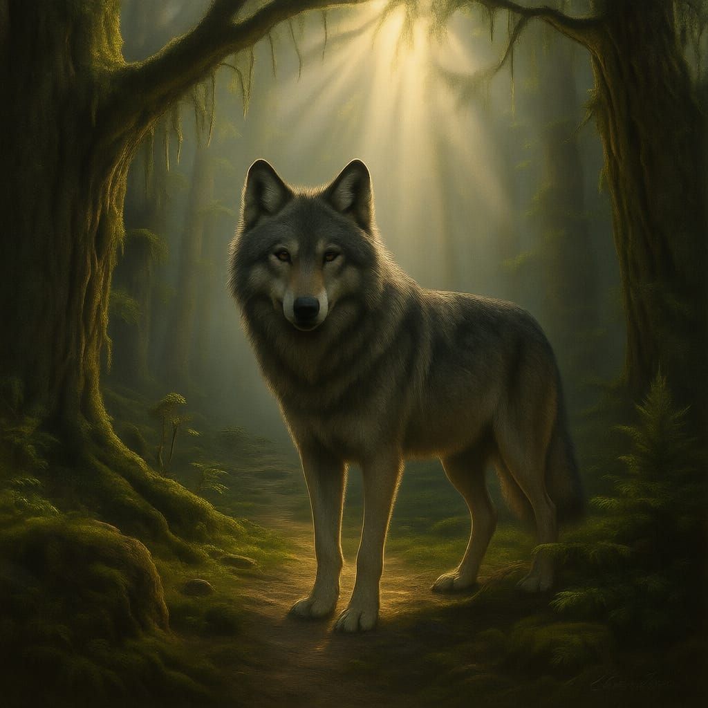 Majestic Grey Wolf in Misty Forest: Hyper-Realistic Wildlife...