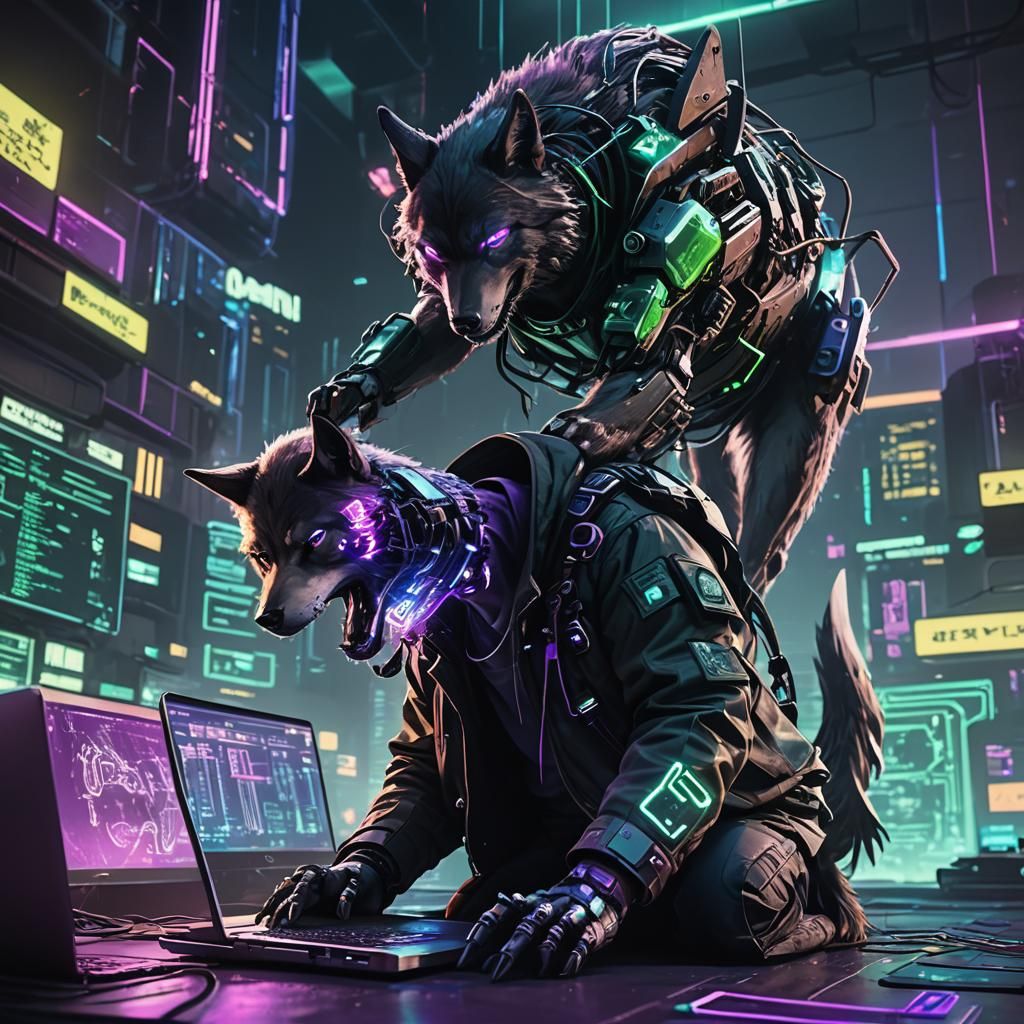 Cyberpunk Hacker Wolf Coding with Neon Glow