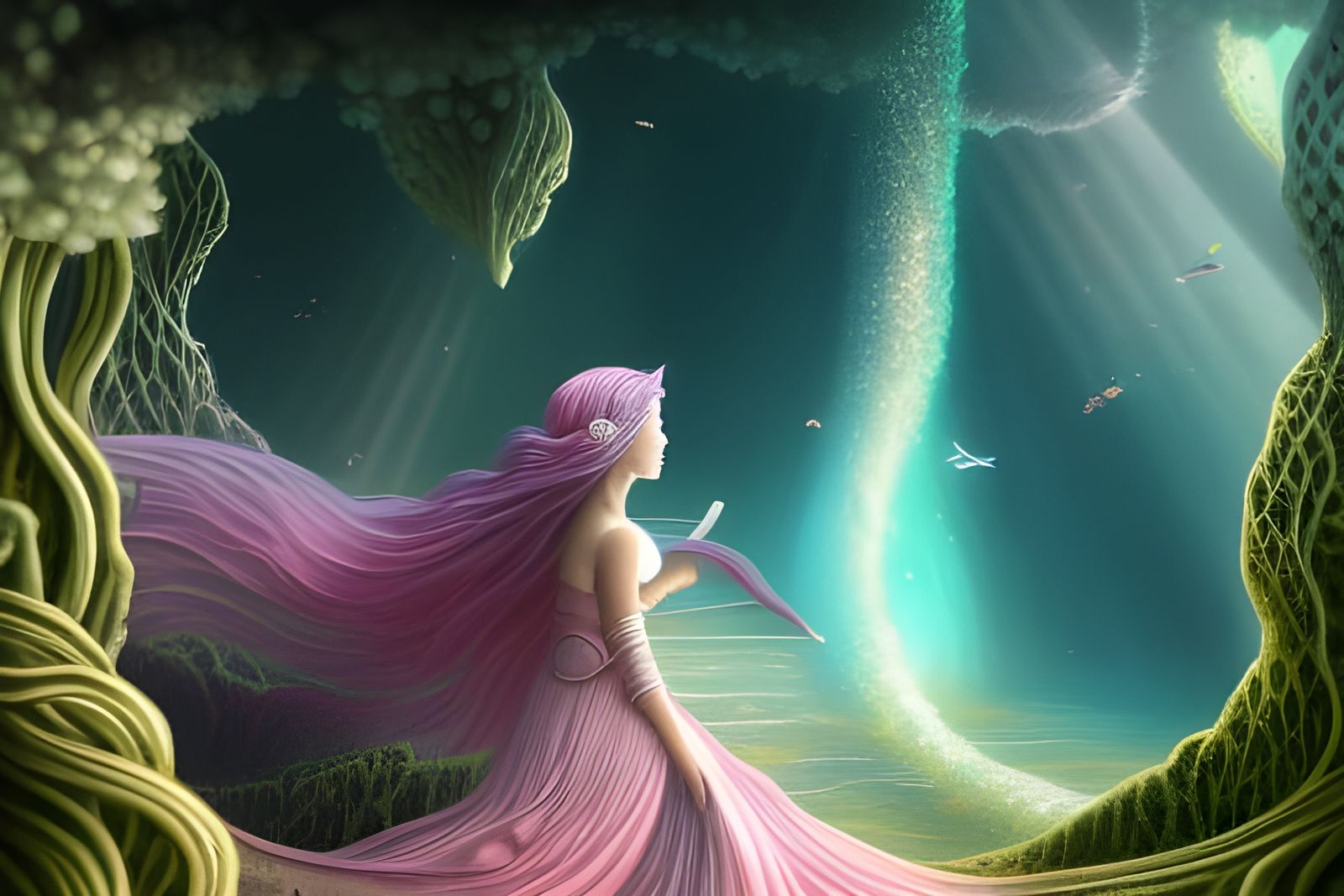 Ethereal Elvish City Under the Sea at Sunset