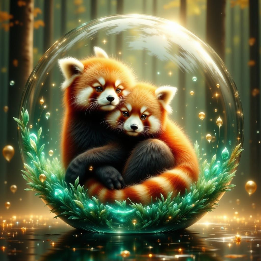 Red Panda in Crystal Ball on Velvet Cushion
