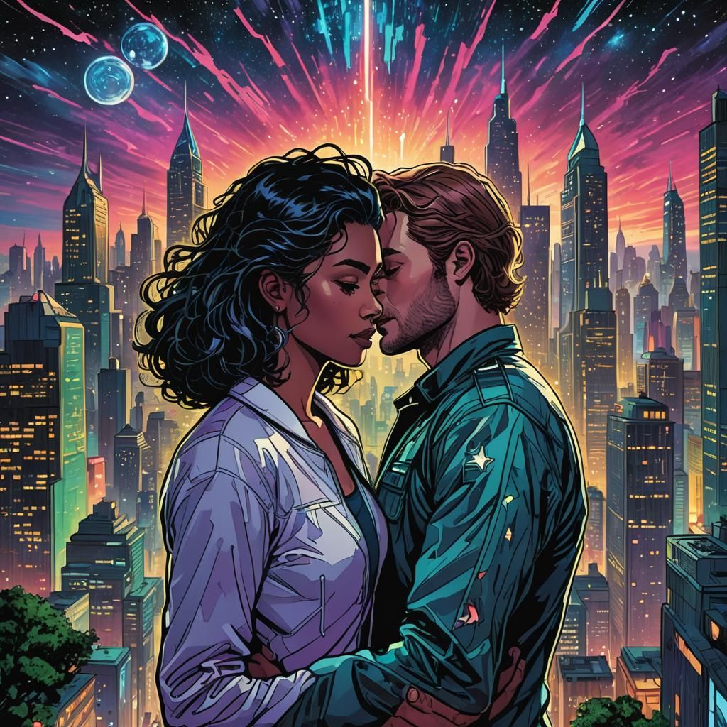 Lovers Embrace in Futuristic Comic Book Art