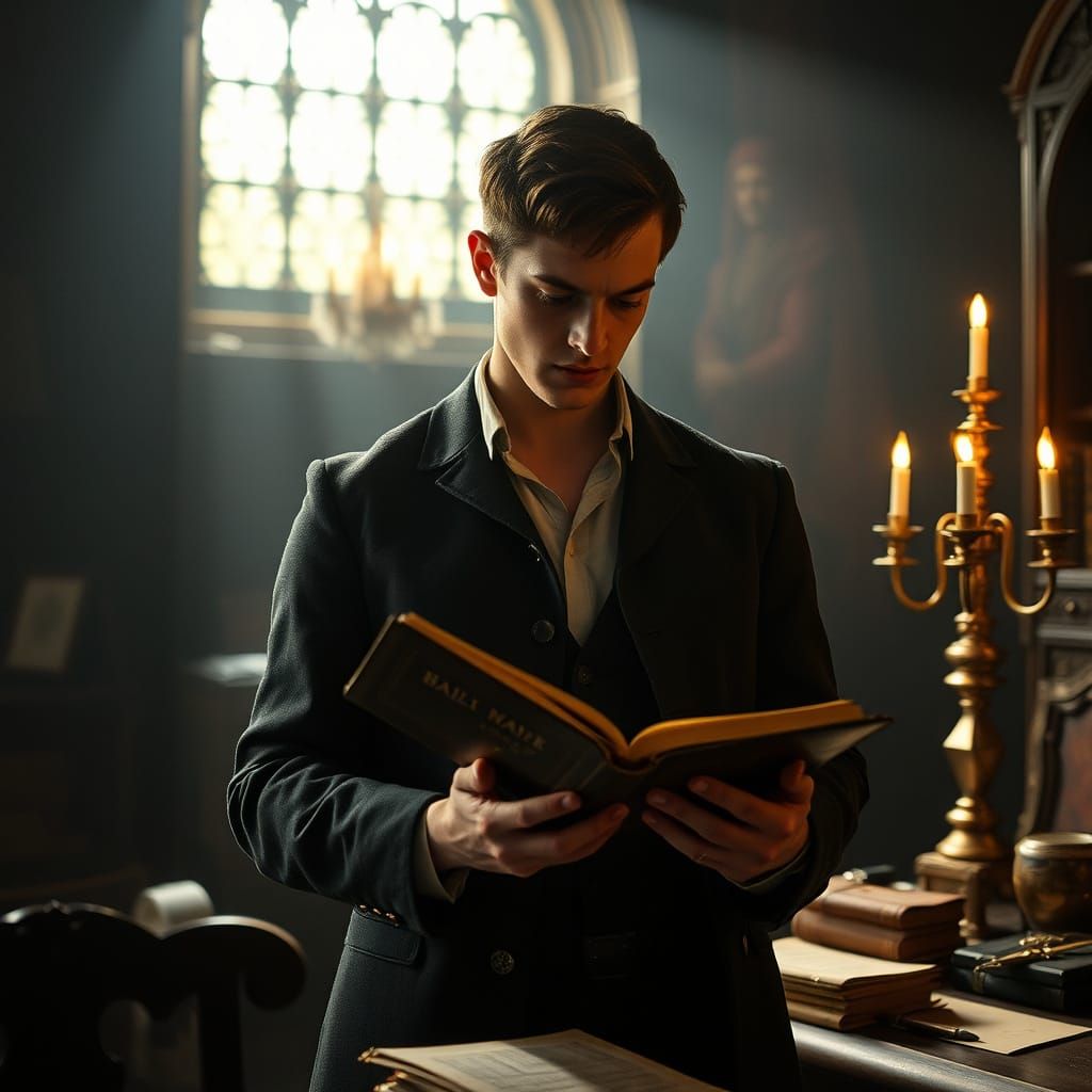 Ethereal Study Scene in Warm, 35mm Film Grain