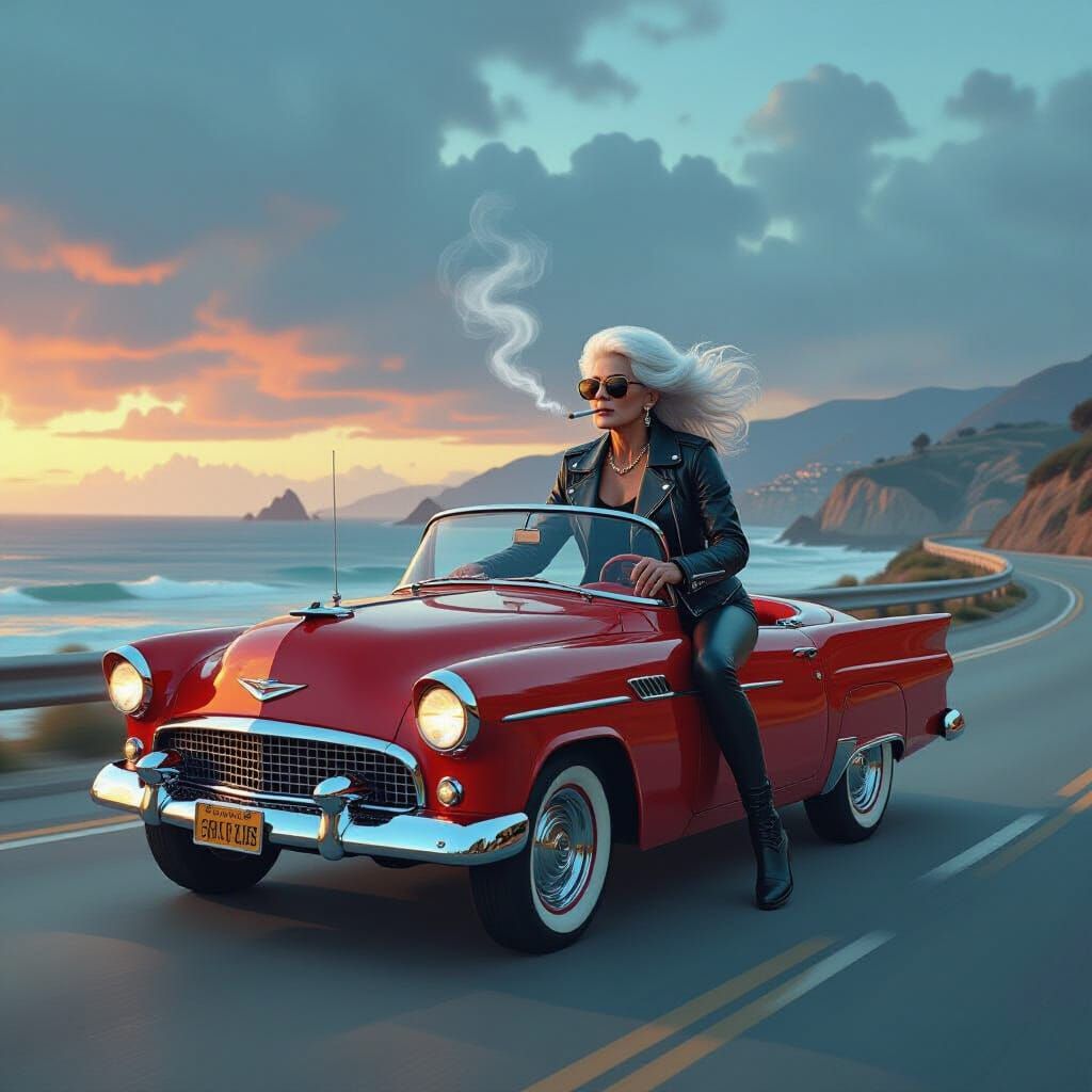 Goddess Races Hotrod on Pacific Coast Highway