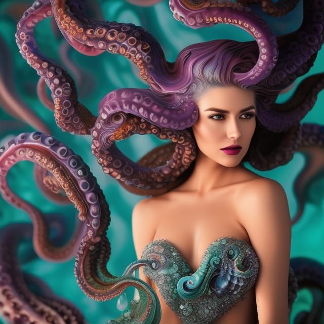 Octopus Woman with Ocean Waves in Art Nouveau Style