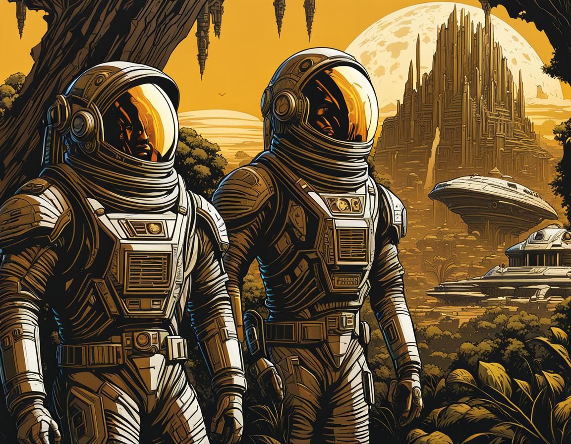 Vintage Sci-Fi Woodcut Poster with Ancient Alien City