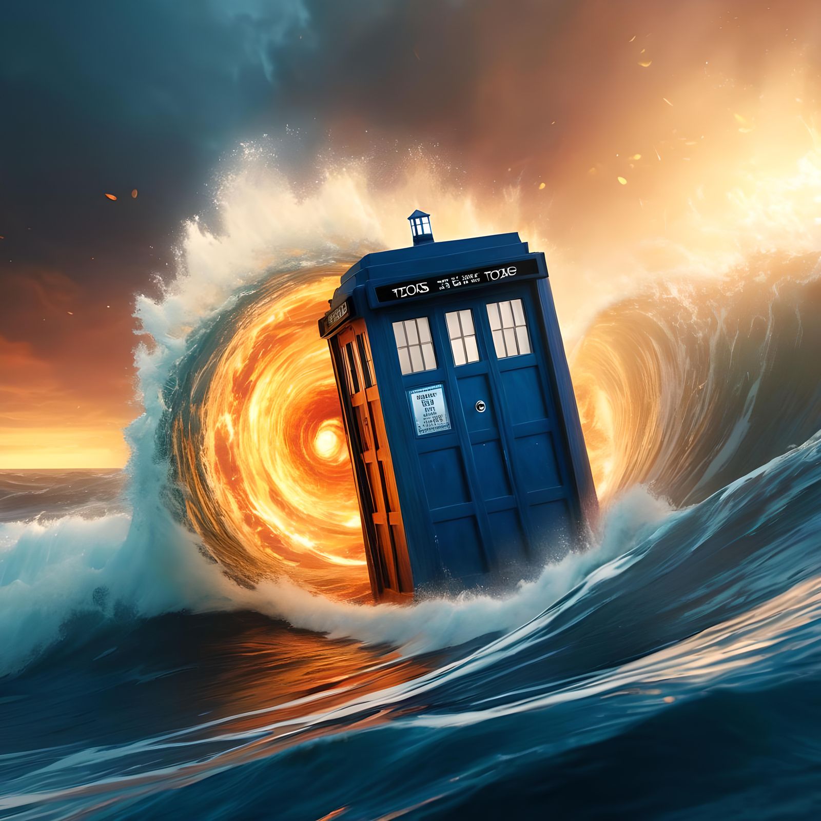 Tardis Soaring from Ocean with Flames