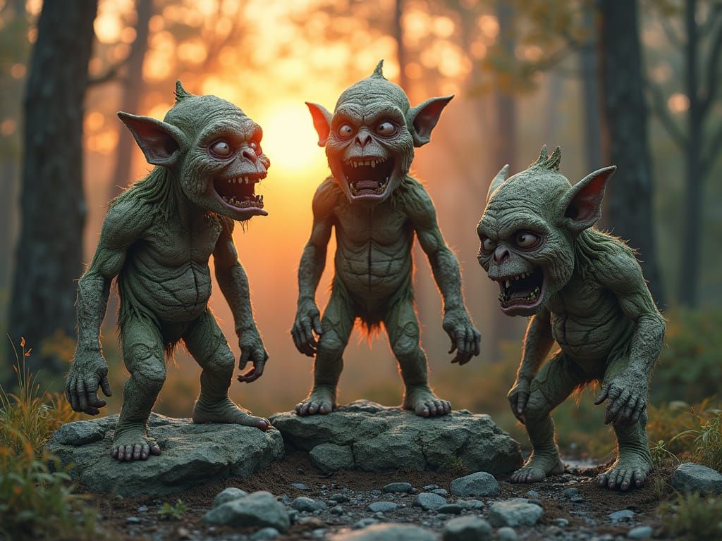 Petrified Trolls in Enchanted Forest Sunrise: Hyperrealistic...