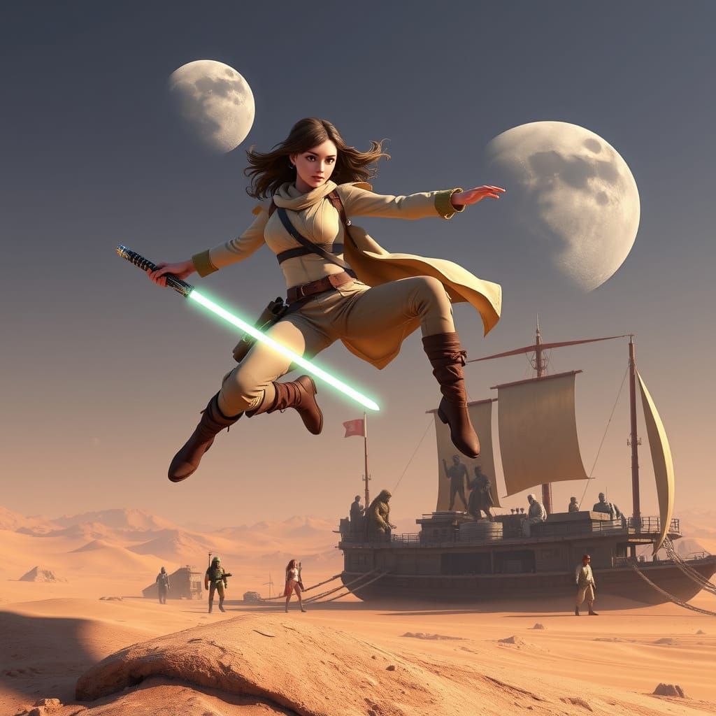 Jedi Leaping on Tatooine in Anime Style