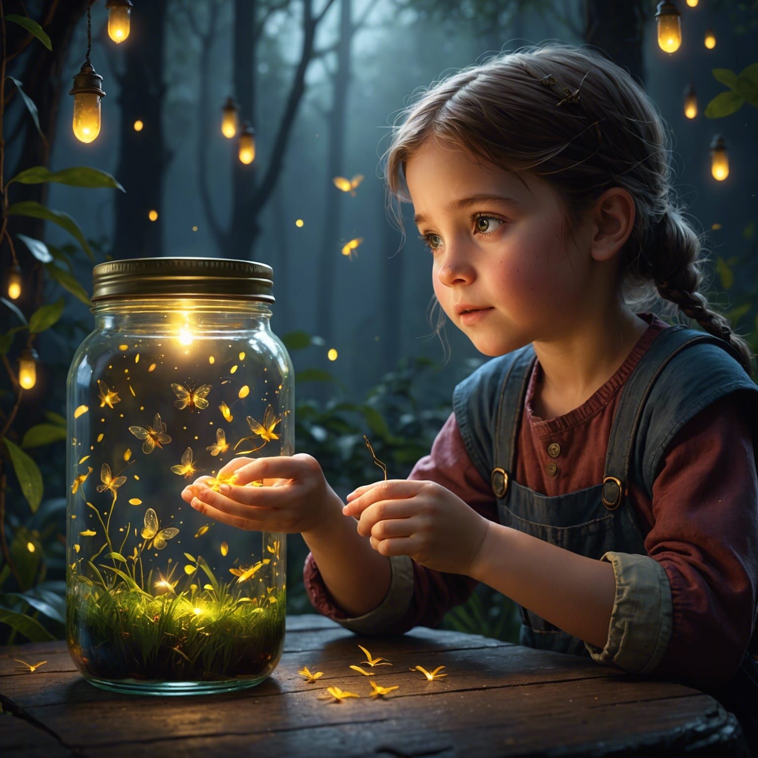 Girl Opens Jar of Fireflies: Fantasy Art