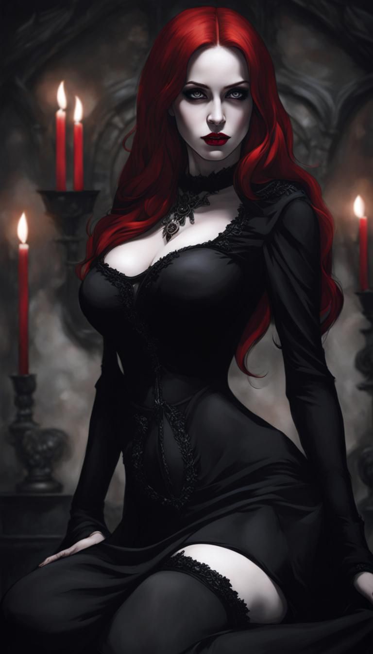 Redhead Vampire in Gothic Room, Dark Fantasy Art