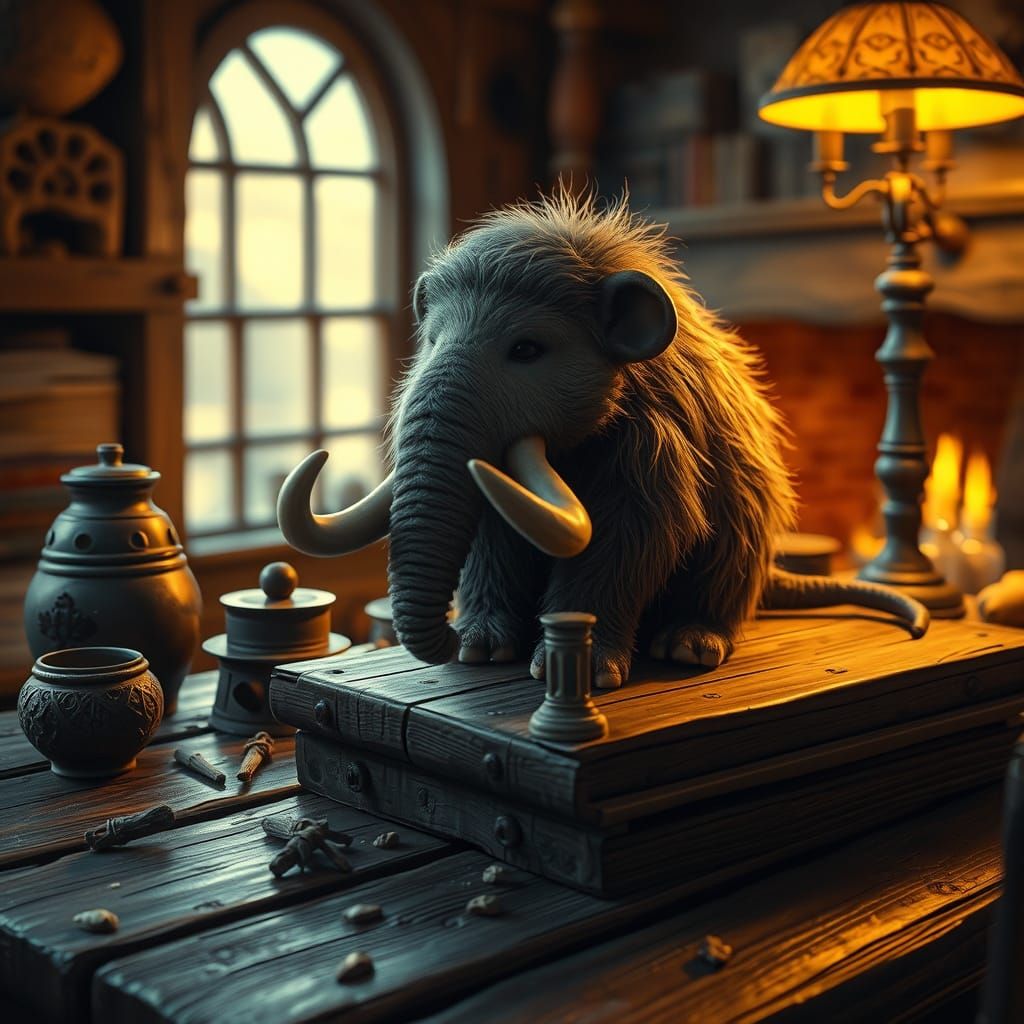 A mimmoth (a wooly-mammoth the size of a rat) on a wooden table.