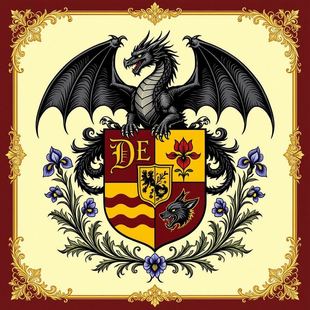 Dean Family Coat of Arms with Dragon and Wolf