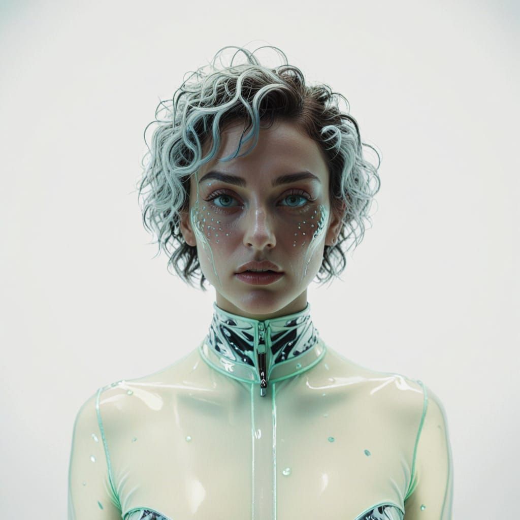 Androgynous Woman in Bioluminescent Suit: Surreal Portrait