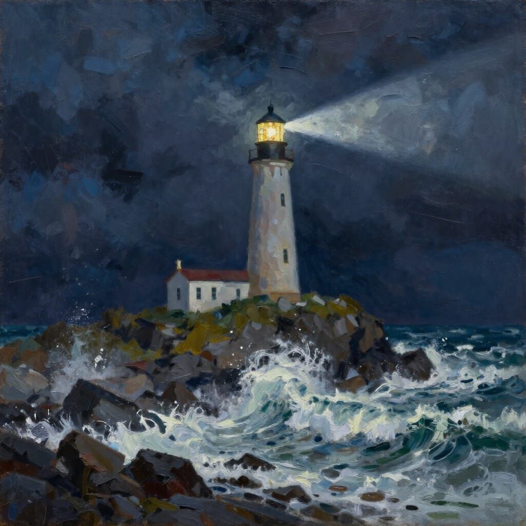 Majestic Lighthouse Oil Painting in Dramatic Impasto Style