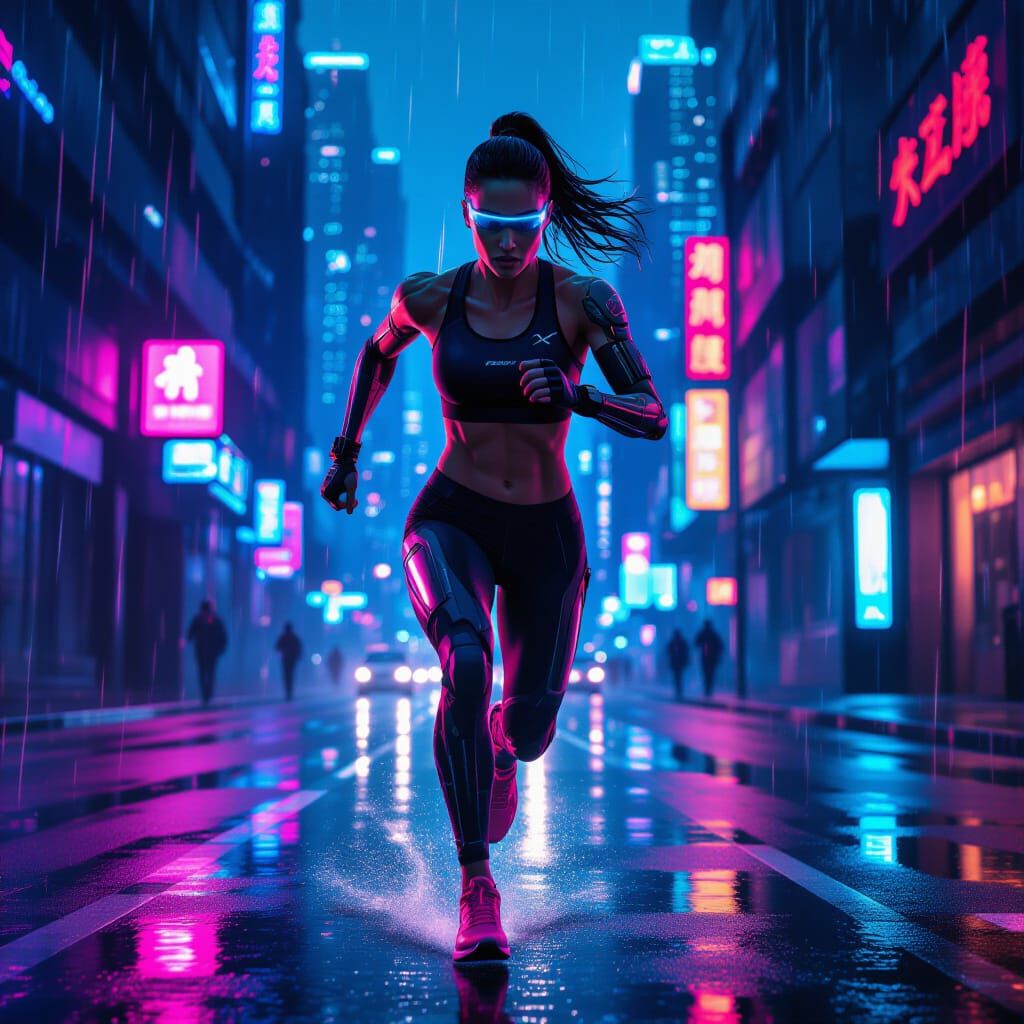 Cyberpunk Athlete Sprinting Through Neon Cityscape