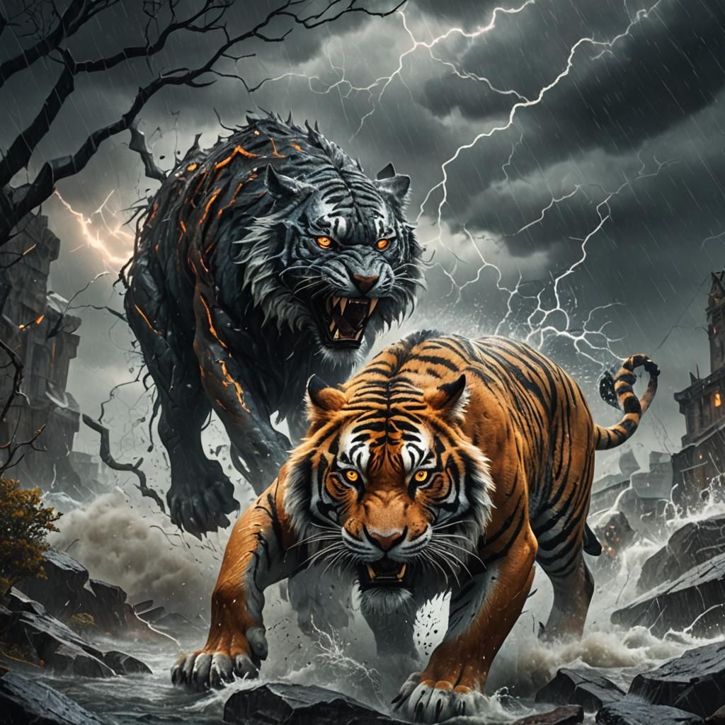 Fearsome Tiger-Wolf Hybrid in a Storm