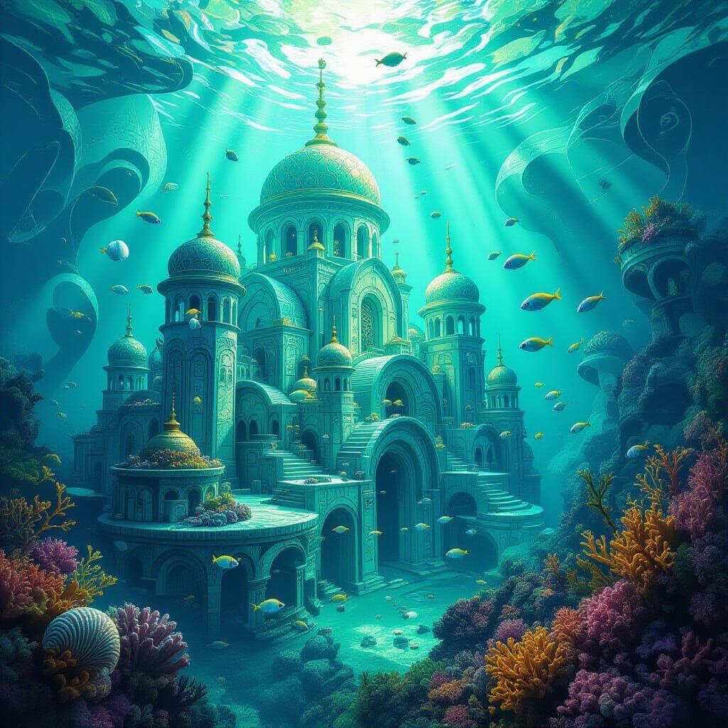 Underwater Alien City Temple with Kelp and Coral