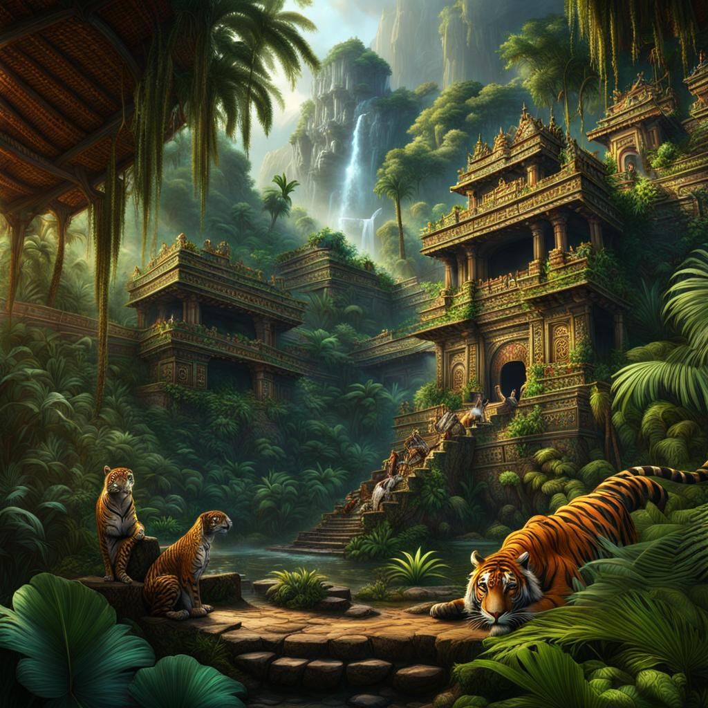 Incan Jungle Artwork with Jaguar, Eagle and Anaconda