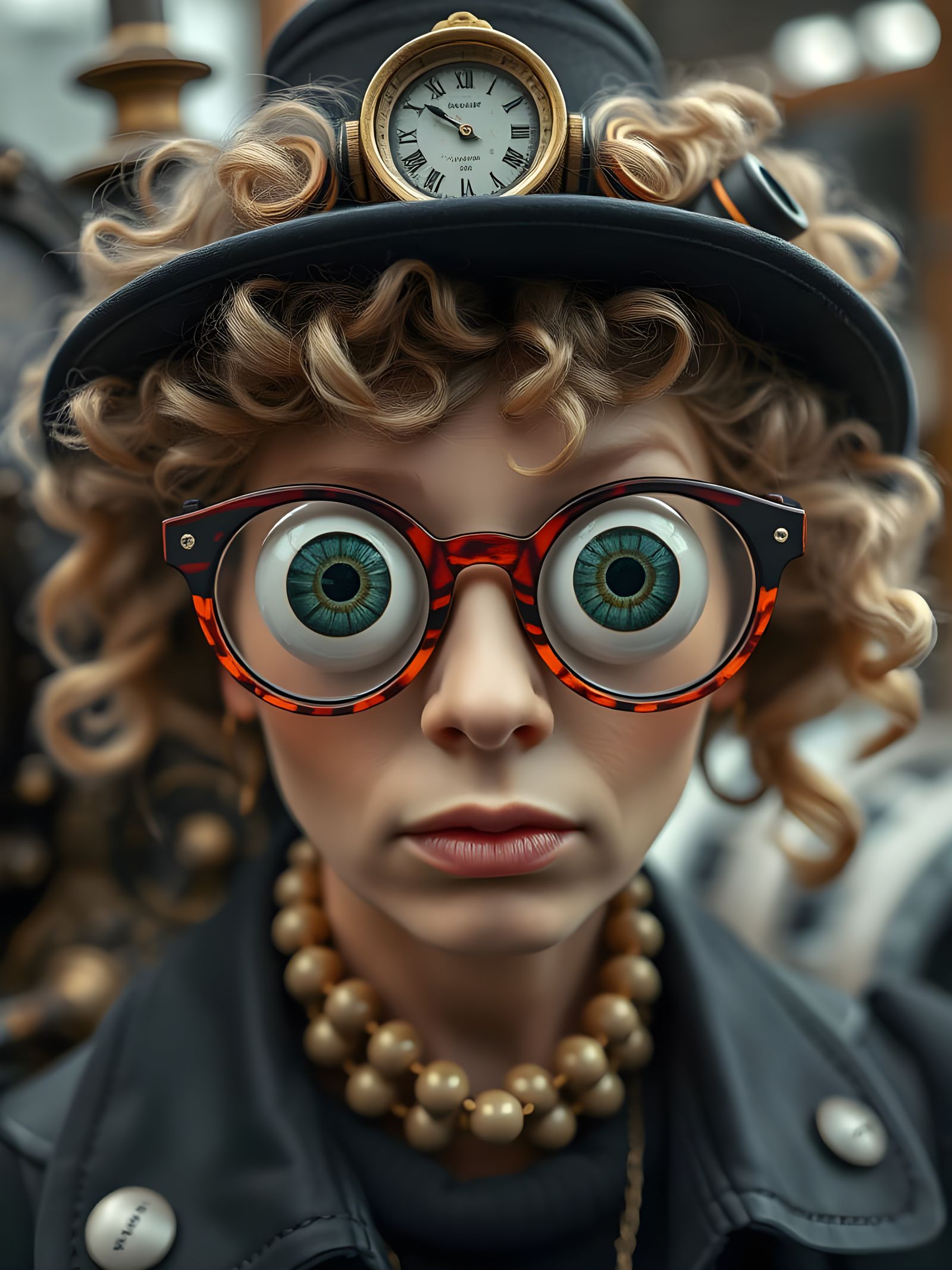 Steampunk Lady Wears Curly Albino Hair and Eyeglasses with E...