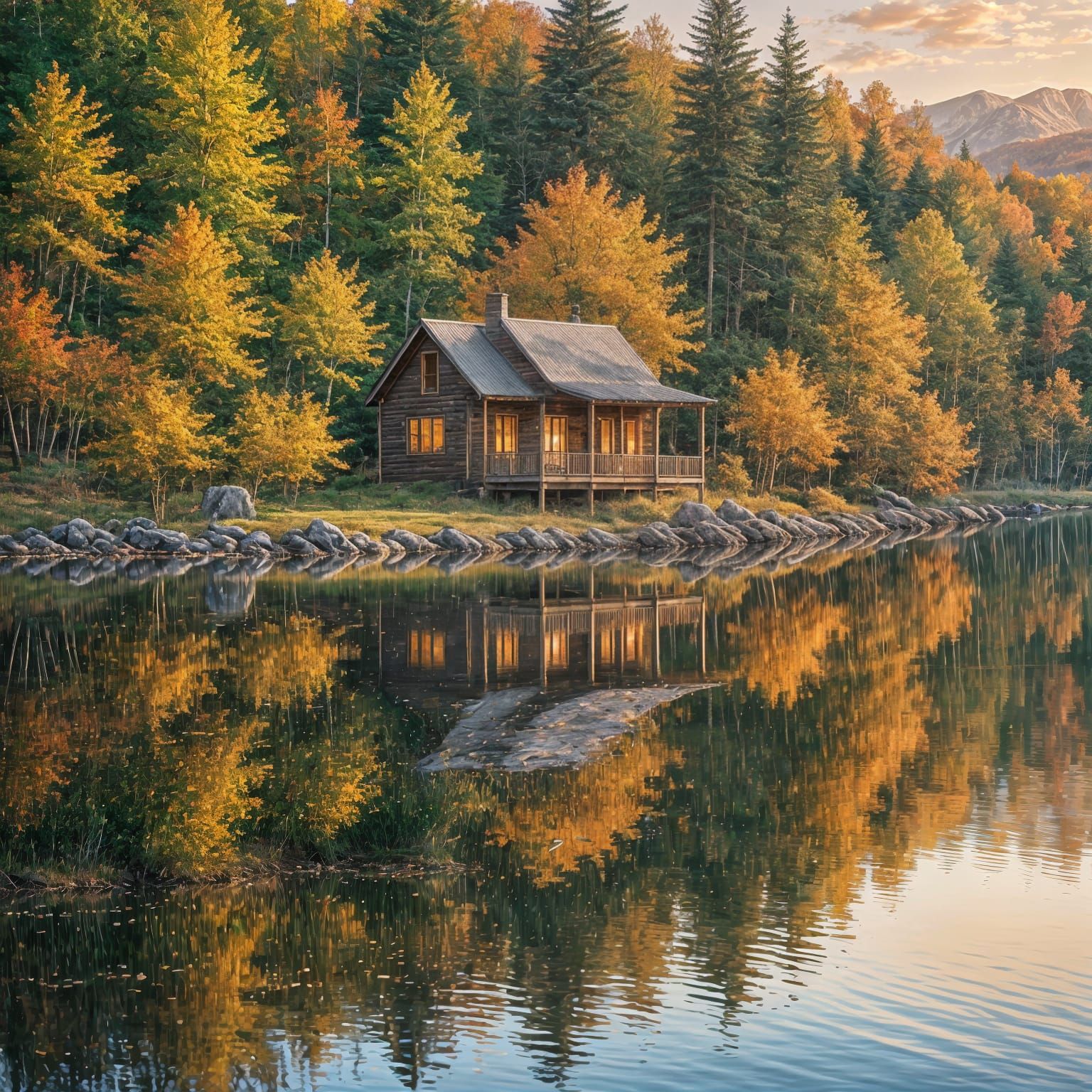 Autumn Lake Cabin at Sunset: Golden Hour