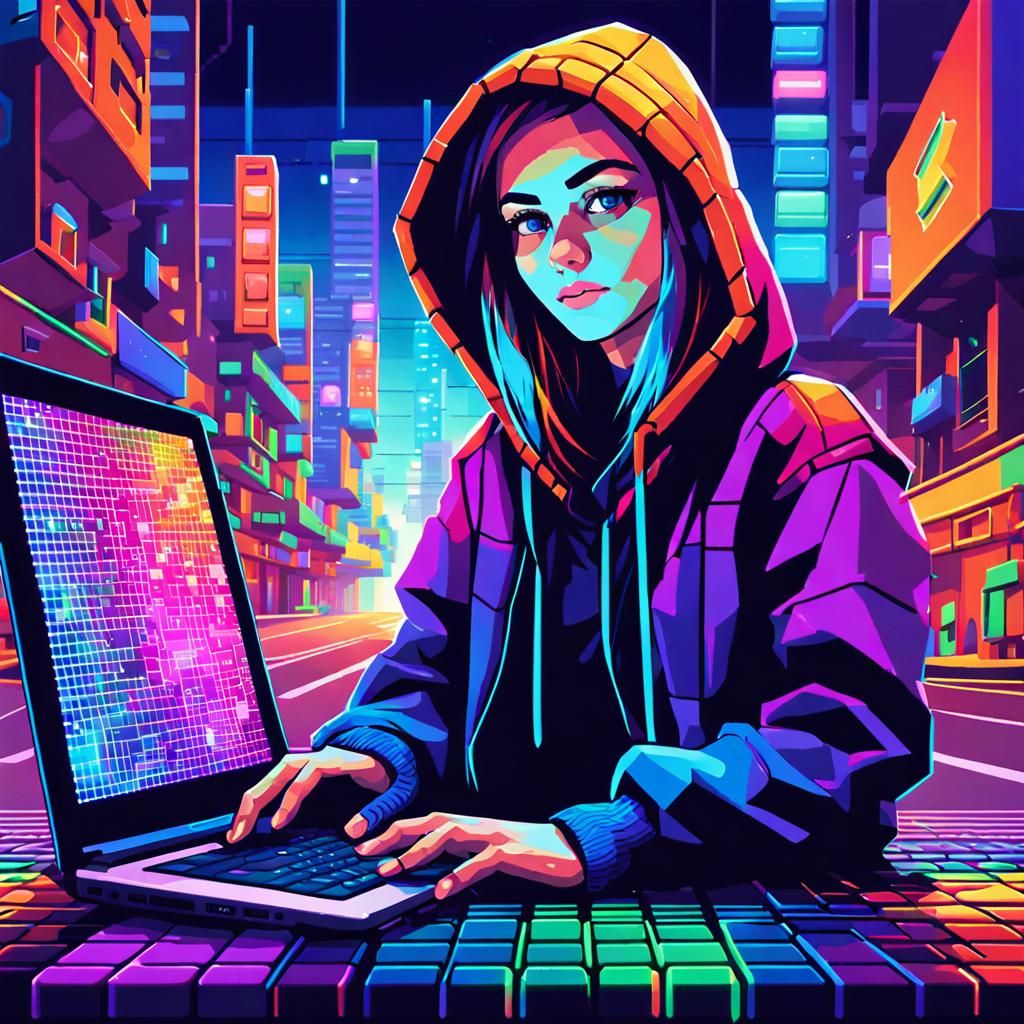 Pixel Art Hacker in Colorful Cityscape