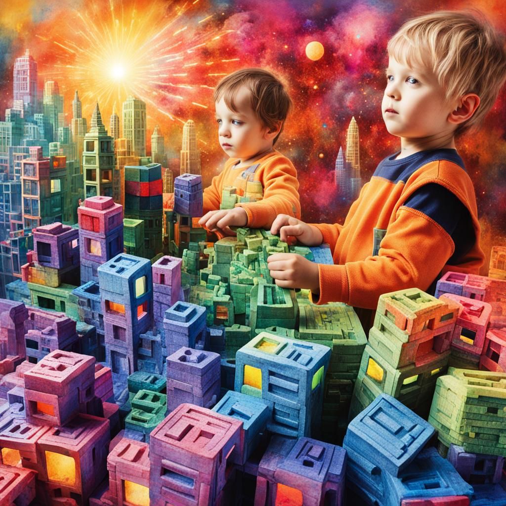 A child creates a city out of neon blocks, tinker toys, chil...