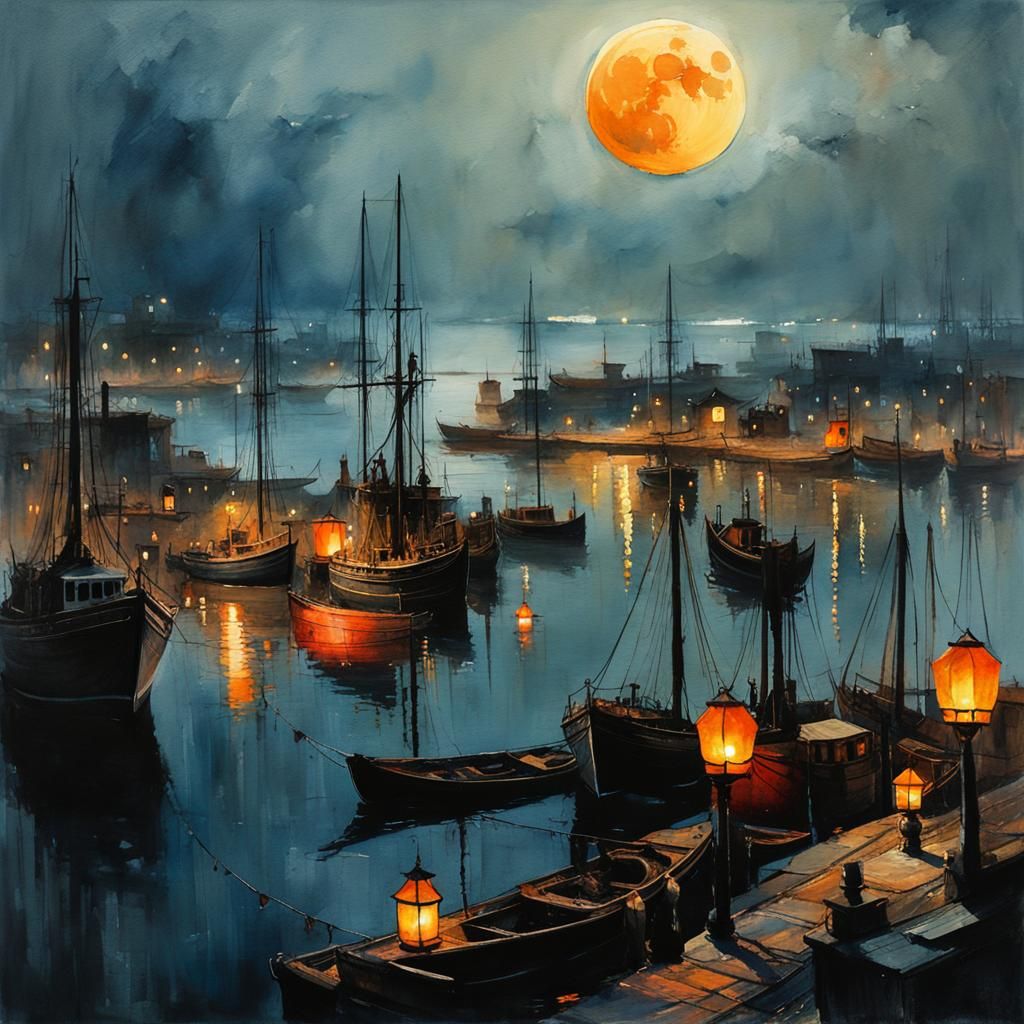 Eerie Night Harbor Watercolor Painting with Orange Moon