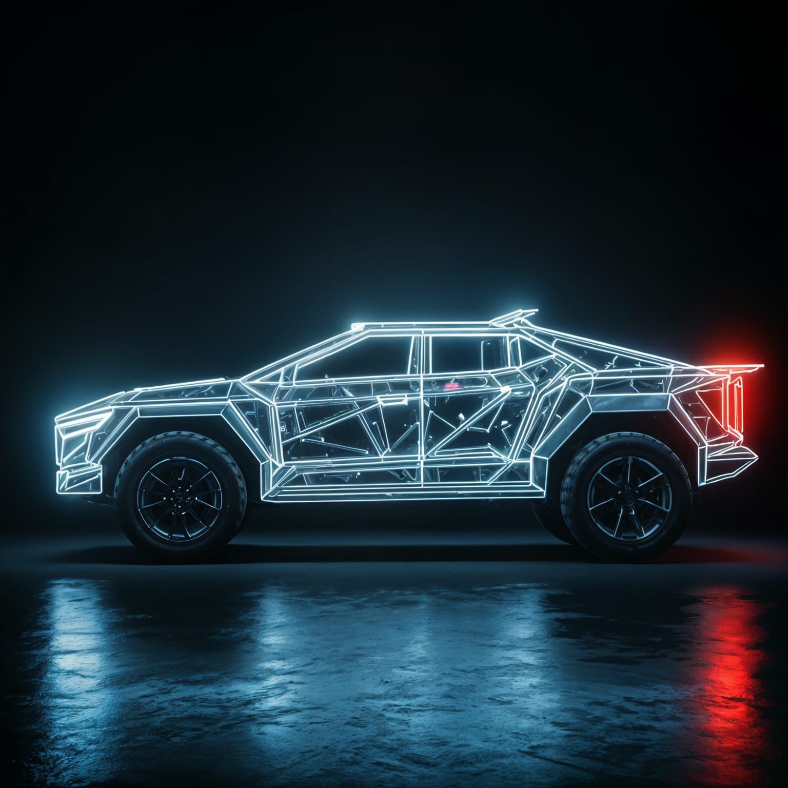 Futuristic Neon Cybertruck Illuminated by Glowing Light Tube...
