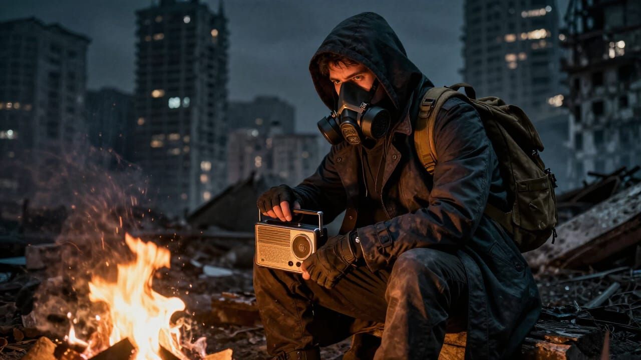 Post-Apocalyptic Stalker by Campfire in Ruined City