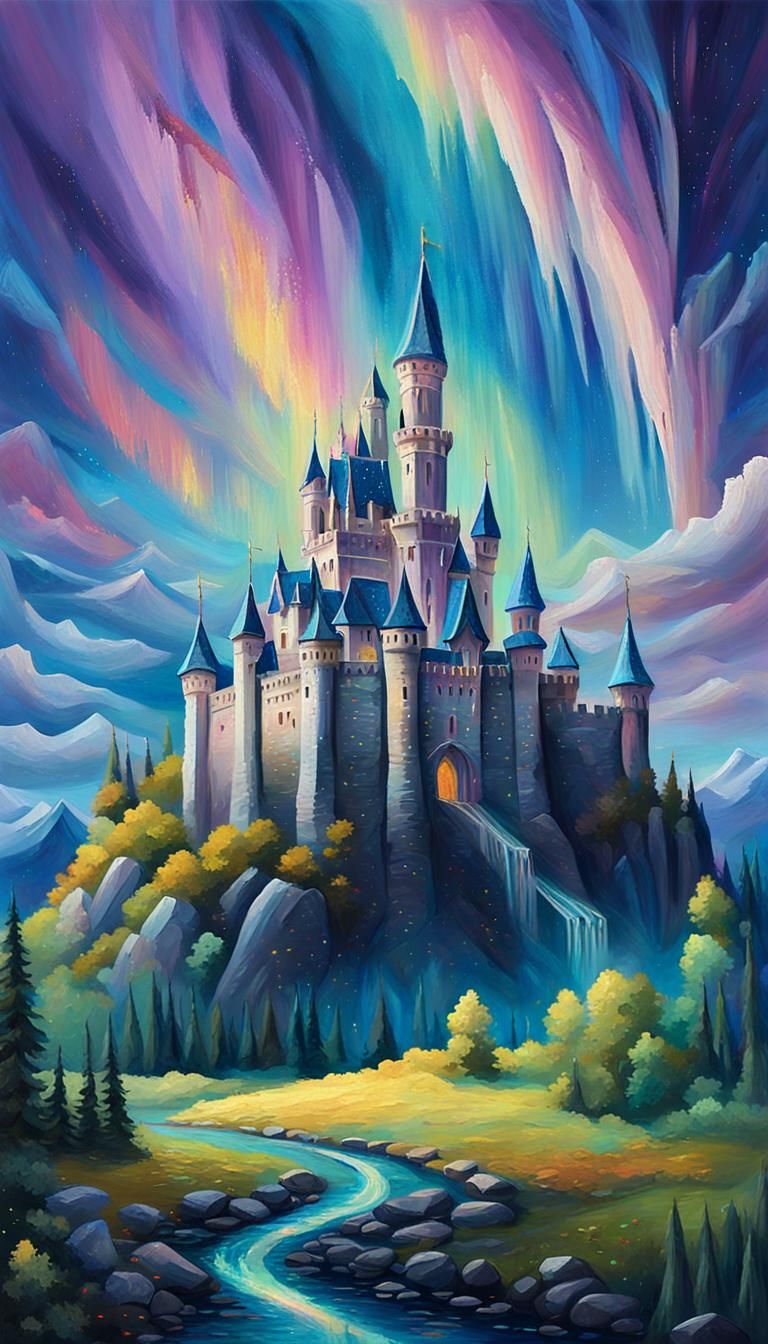 Magical Castle Under Aurora in Oil Painting Style