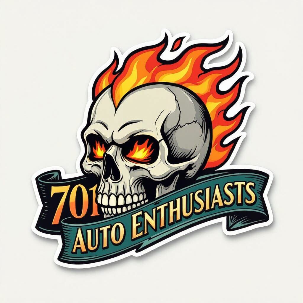 Flaming Skull Sticker Design in 1950s Roadside Style