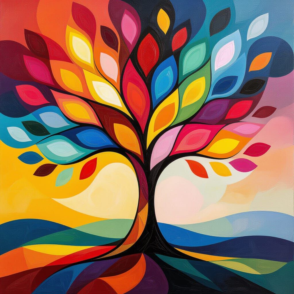 Vibrant Abstract Tree Art with Fluid Lines